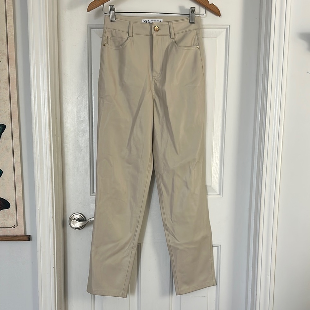 Zara vegan leather cream high waist straight leg pants size 00